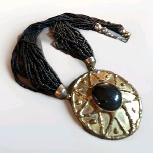 Vintage Multi Strand Black Seed Bead Celestial Necklace Sunburst Large Pendant